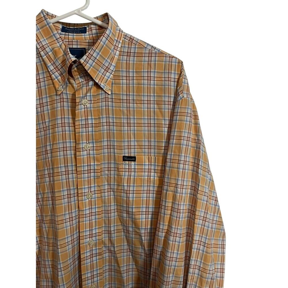 Faconnable Plaid Button Down Shirt LT Orange Blue Cotton Made USA